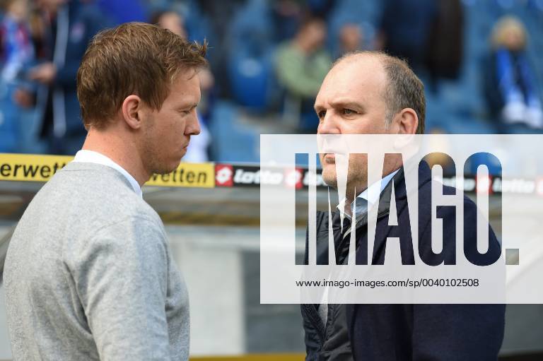 Football 1 Bundesliga TSG 1899 Hoffenheim VfL Wolfsburg v l Hoffenheims Coach Julian Nagelsmann TSG 1899 Hoffenheim with Wolfsburgs GF Sports Joerg Schmadtke DFL regulations prohibit any use of photographs as image sequences and or quasi video 1 Football Bundesliga TSG 1899 Hoffenheim VfL Wolfsburg Sinsheim