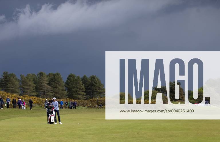 10th May 2019, Hillside Golf Club, Southport, England; Betfred British Masters, hosted by Tommy Fleetwood, day 2; Pedro Figuerdro (POR) prepares to hit his second shot to the 15th green under a dark sky ActionPlus12133159 DavidxBlunsden