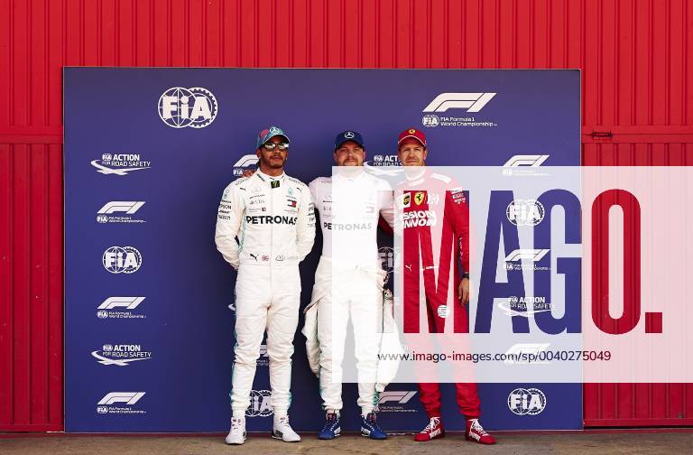 11th May 2019, Circuit de Barcelona-Catalunya, Barcelona, Spain; Formula One Grand Prix of Spain, qualification; (L-R) Lewis Hamilton of the Mercedes Team , Valtteri Bottas of the Mercedes Team and Sebastian Vettel of the Ferrari Team will take the top 3 on the starting grid ActionPlus12133535 PabloxGuillen