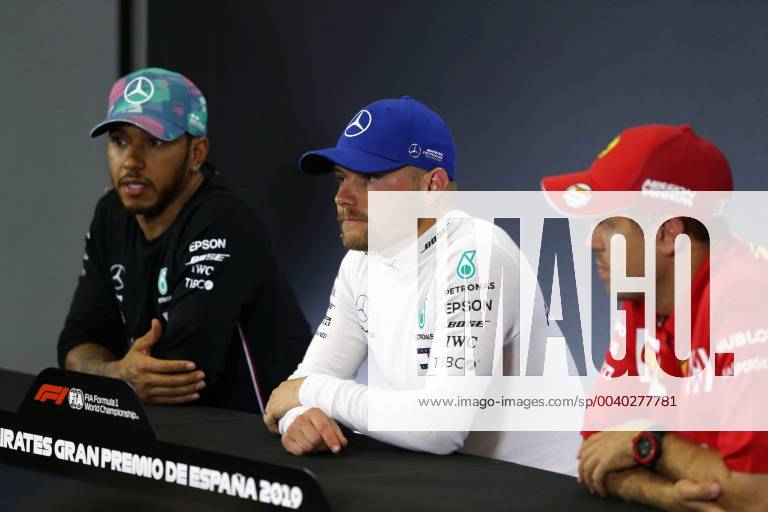 Photo4 LaPresse 11 05 2019 Montmelo, Spain Grand Prix Formula One Spain 2019 In the pic pole position press conference PK Pressekonferenz 1st position Valtteri Bottas (FIN) Mercedes AMG F1 W10 2nd position Lewis Hamilton (GBR) Mercedes AMG F1 W10 3rd position Sebastian Vettel (GER) Scuderia Ferrari SF90