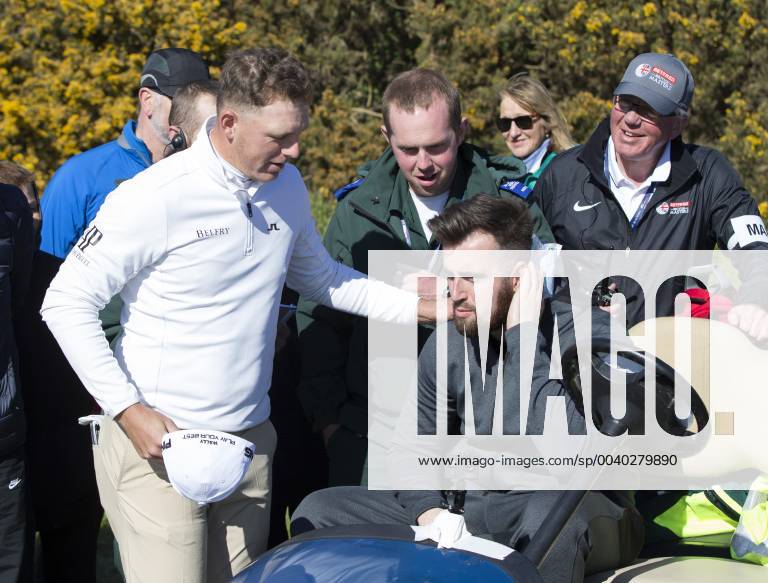 11th May 2019, Hillside Golf Club, Southport, England; Betfred British Masters, hosted by Tommy Fleetwood, day 3; Matt Wallace (ENG) speaks with a spectator who required first aid after he was hit on the back of the neck by Wallace s tee shot on the par four 15th hole ActionPlus12133760 DavidxBlunsden