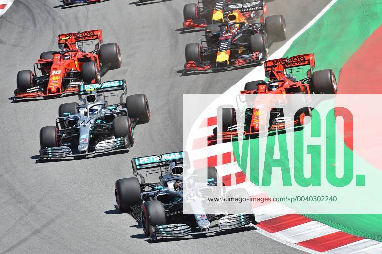 FIA Formula 1 Grand Prix of Spain 2019 race Start to race Lewis Hamilton Mercedes AMG Petronas ahead of Valtteri Bottas Mercedes AMG Petronas and Sebastian Vettel Ferrari outside Barcelona eel-fotografie Eberhard Krieger