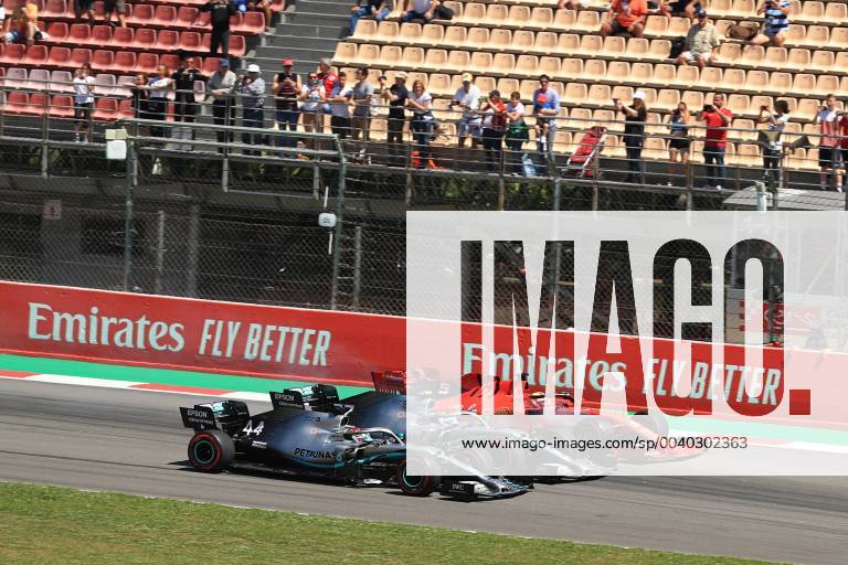 12th May 2019, Circuit de Barcelona-Catalunya, Barcelona, Spain; Formula One Grand Prix of Spain, race day; Mercedes AMG Petronas Motorsport, Lewis Hamilton, team mate Valtteri Bottas and Scuderia Ferrari, Sebastian Vettel go three wide down to turn 1 ActionPlus12134239 Octane