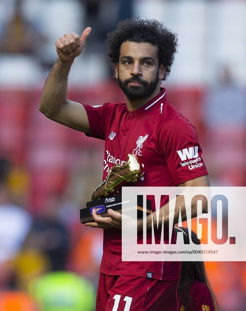 KW19 12th May 2019, Anfield, Liverpool, England; EPL Premier League football, Liverpool versus Wolverhampton Wanderers; Mohamed Salah of Liverpool is presented with his Golden Boot following the match ActionPlus12134773 DavidxBlunsden
