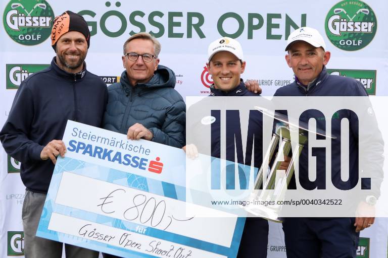 GOLF - Goesser Open 2019 GRAZ,AUSTRIA,14.MAY.19 - GOLF - Alps Tour, Goesser Open, Shoot-Out. Image shows Martin Wiegele (AUT), Gerhard Nemecz (GC Graz Andritz), Lukas Nemecz and Markus Brier (AUT). Keywords: trophy. GEPAxpictures xChristianxWalgram