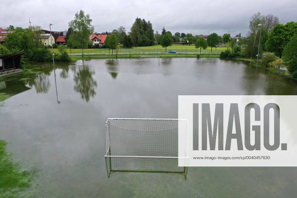 Flooding in Schlingen near Bad Wörishofen, The entire Schlingen sports field is flooded The gates are in the middle of the water