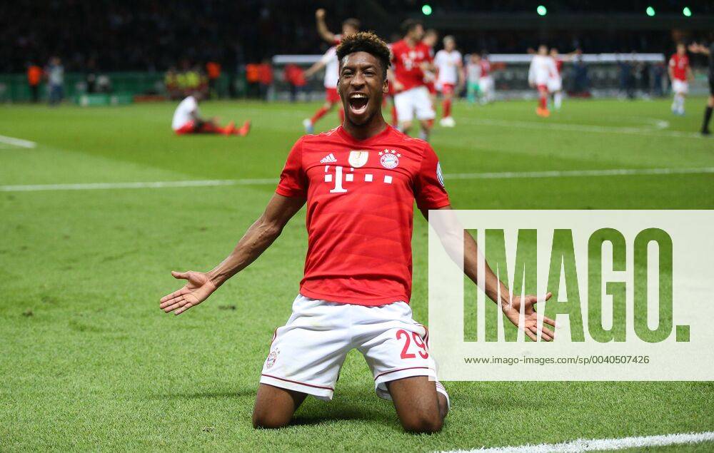 RB Leipzig Bayern Muenchen Football DFB Cup Final Berlin, 25 05 2019, Olympic Stadium, Football, DFB Cup, Final , RB Leipzig vs FC Bayern Munich , Goal for Bayern Im Bild Kingsley Coman 29,Bayern cheers his goal to 0 2 , DFB regulations prohibit any use of photographs as image sequences and or quasi video ,