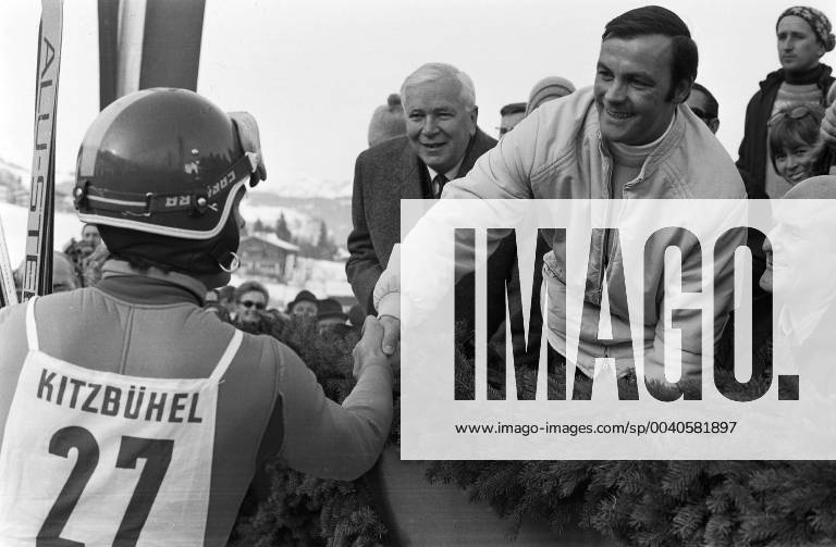 Alpine Skiing World Cup 1968 1969 Kitzbuehel Alpine Skiing World Cup 1968 1969 Kitzbuehel Downhill 18 01 1969 Toni Sailer re, Austria welcomes Karl Cordin li, Austria at the finish Kitzbuehel Austria