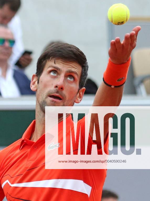 Novak Djokovic of Serbia serves during his French Open men s second round match against Henri Laaksonen of Switzerland at Roland Garros in Paris on May 30, 2019. Djokovic defeated Laaksonen 6-1, 6-4, 6-3 to advance to the third round. PAR201905307034 DAVIDxSILPA
