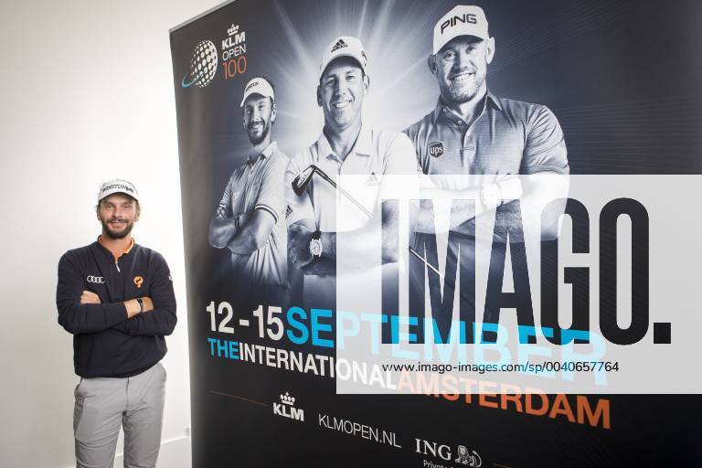 Badhoevedorp - Kickoff 100th Edition of the KLM (Royal Dutch Airlines) Dutch Open Golf. Double Dutch Open golf champion Joost Luiten at the new logo of the upcoming championship. Credit: Leo Vogelzang Hollandse Hoogte