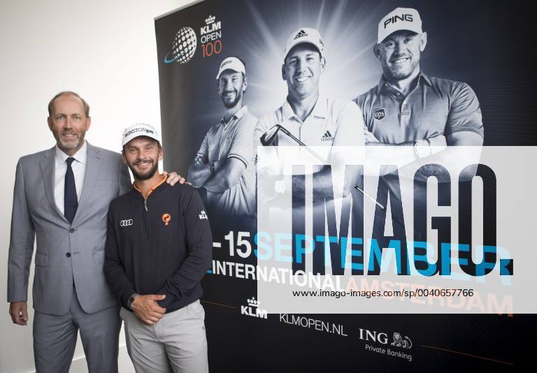 Badhoevedorp - Kickoff 100th Edition of the KLM (Royal Dutch Airlines) Dutch Open Golf. Double Dutch Open golf champion Joost Luiten at the new logo of the upcoming championship. Credit: Leo Vogelzang Hollandse Hoogte