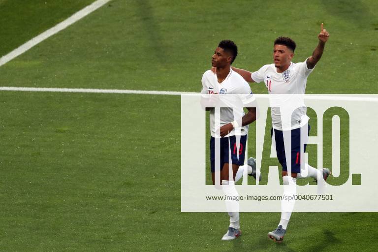 Guimaraes, Portugal - GUIMARAES, PORTUGAL - JUNE 6: Marcus Rashford of England (L) celebrates with Jadon Sancho after scoring a goal during the UEFA Nations League Semi-Final football match Netherlands vs England, at the Dom Afonso Henriques stadium in Guimaraes, Portugal, on June 6, 2019. Netherlands vs England - UEFA Nations League Semi-Final - ZUMAn230 20190606_zaa_n230_268