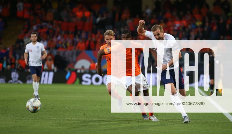 Netherlands v England UEFA Nations League Semi-Final Denzel Dumfries of Netherlands and Harry Kane of England battle for the ball during the UEFA Nations League Semi-Final match at Estadio D. Afonso Henrique, Guimaraes Content Not Available For UK Newspapers