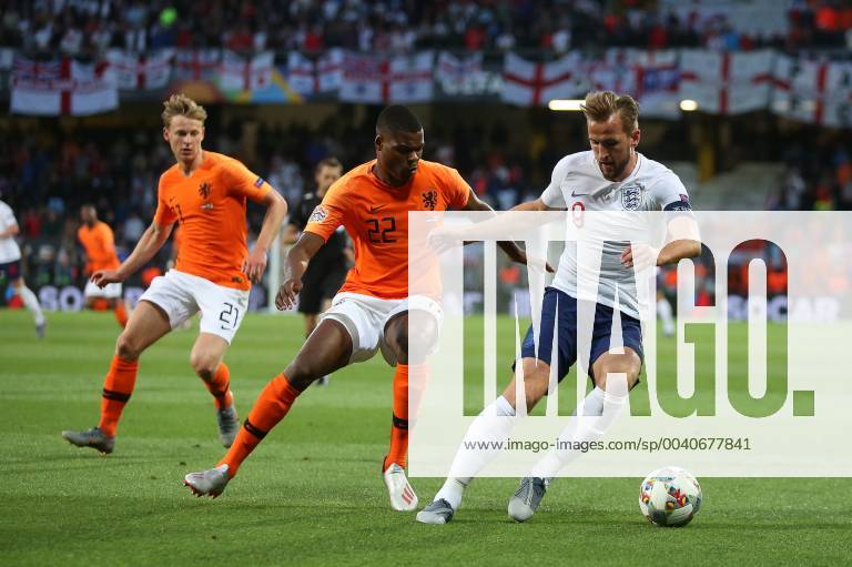 Netherlands v England UEFA Nations League Semi-Final Denzel Dumfries of Netherlands and Harry Kane of England battle for the ball during the UEFA Nations League Semi-Final match at Estadio D. Afonso Henrique, Guimaraes Content Not Available For UK Newspapers