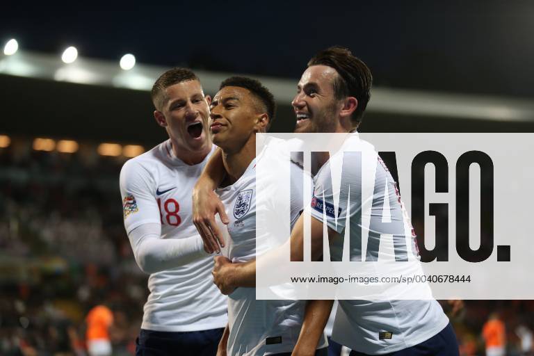 Netherlands v England UEFA Nations League Semi-Final Jessie Lingard of England celebrates with Ross Barkley and Ben Chilwell after he scores what he thinks is their second goal only for it to be ruled offside during the UEFA Nations League Semi-Final match at Estadio D. Afonso Henrique, Guimaraes Content Not Available For UK Newspapers