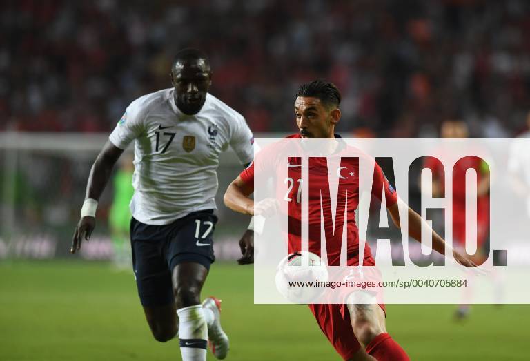 Turkeys Irfan CAn Kahveci and Frances Moussa, Sissoko during Euro 2020 group H qualifying soccer match between Turkey and France at the Konya City Stadium in Konya, Turkey