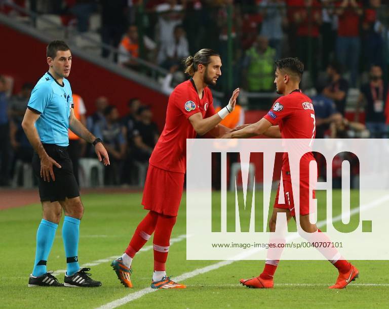 Yusuf Yazici (L) and Cengiz Under (R) of Turkey during the Euro 2020 football qualification match between Turkey and France at the Buyuksehir Belediyesi stadium in Konya, on June 8, 2019.