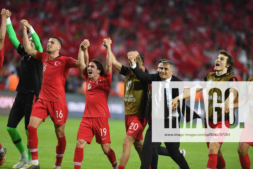 Turkey players celebrate 2-0 victory against France after Euro 2020 group H qualifying soccer match between Turkey and France at the Konya City Stadium in Konya, Turkey