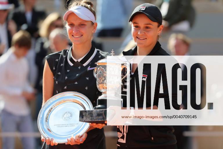Eighth seeded ASHLEIGH BARTY of Australia and MARKETA VONDROUSOVA of the Czech Republic hold their trophy at the end of their final match at Roland Garros French Tennis Open in Paris. Barty won the Open 6-1, 6-3. Tennis 2019: French Open: Ladies Singles Final - ZUMA 20190608_mda_v111_002