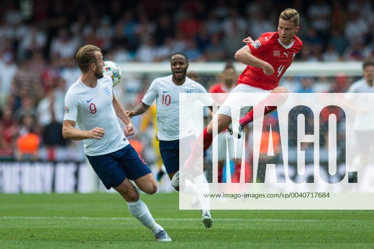 Guimaraes, Portugal, 09 06 2019, UEFA Nations League, 3 Place, Switzerland England, Harry Kane England , Raheem Sterling England and Nico Elvedi Switzerland battle for the ball Defodi 09 531 002167 Defodi-531