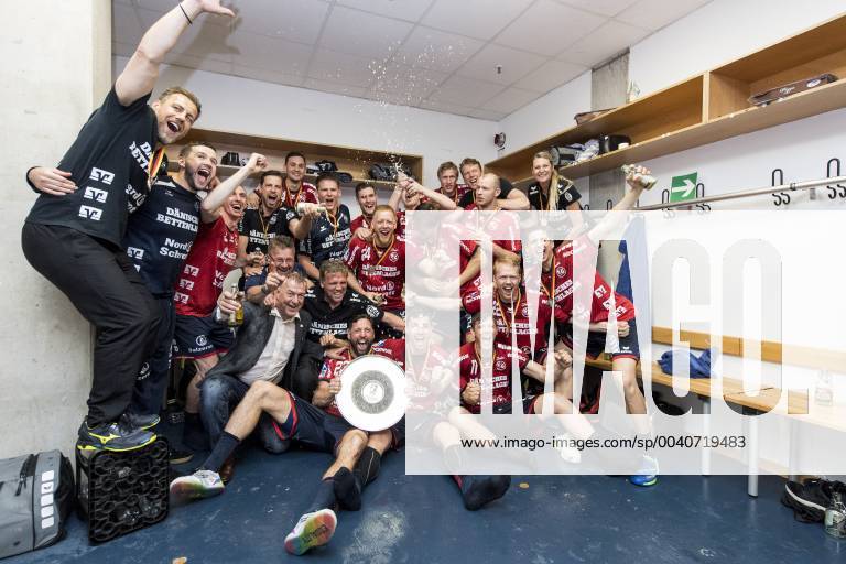 The team of SG Flensburg Handewitt celebrates the championship title in the cabin on 09 06 2019 in Düsseldorf Nordrhein Westfalen in the ISS Dome SG Flensburg Handewitt against Bergischer HC 06 Düsseldorf Nordrhein Westfalen Germany