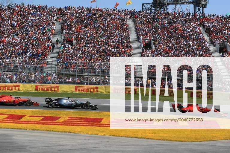 9th June 2019, Circuit Gilles Villeneuve, Montreal, Quebec, Canada; Formula 1 Grand Prix of Canada, Race day; Scuderia Ferrari, Sebastian Vettel leads the race start followed by Mercedes AMG Petronas Motorsport, Lewis Hamilton and Scuderia Ferrari, Charles Leclerc ActionPlus12142827 Octane