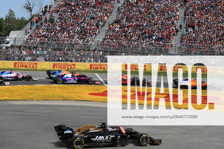 9th June 2019, Circuit Gilles Villeneuve, Montreal, Quebec, Canada; Formula 1 Grand Prix of Canada, Race day; Rich Energy Haas F1 Team, Romain Grosjean with a piece of the Scuderia Toro Rosso wing stuck on the car after a bump in corner 1 ActionPlus12142828 Octane