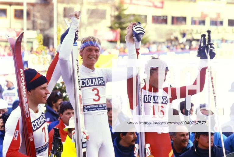 Ski WM 1985, RTL Men Marc GIRADELLI LUX li , Markus WASMEIER GER , Pirmin ZURBRIGGEN SUI SKI ALPIN SAISON 84 85 WM 1985 Bormio Giant Slalom Men 07 02 1985 Marc GIRADELLI LUX li , Markus WASMEIER GER , Pirmin ZURBRIGGEN SUI Bormio Italy