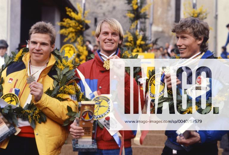 Ski WM 1985, RTL Men Marc GIRADELLI LUX li , Markus WASMEIER GER , Pirmin ZURBRIGGEN SUI SKI ALPIN SAISON 84 85 WM 1985 Bormio Giant Slalom Men 07 02 1985 Marc GIRADELLI LUX li , Markus WASMEIER GER , Pirmin ZURBRIGGEN SUI Bormio Italy