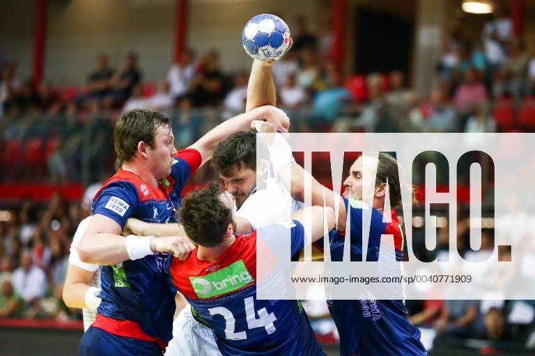 HANDBALL - EHF EC, AUT vs NOR KLAGENFURT,AUSTRIA,13.JUN.19 - HANDBALL - EHF EURO Cup, international match, Länderspiel, Nationalmannschaft Austria vs Norway. Image shows Sander Sagosen, Christian O Sullivan, Kent Robin Toennesen (NOR) and Tobias Wagner (AUT). GEPAxpictures xDanielxGoetzhaber