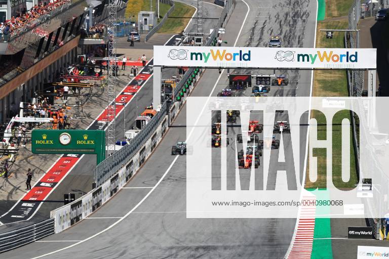 30th June 2019, Red Bull Ring, Spielberg, Austria; FIA Formula 1 Grand Prix, Race Day; Scuderia Ferrari, Charles Leclerc leads race start with Mercedes AMG Petronas Motorsport, Lewis Hamilton making a move on the inside of the circuit ActionPlus12149378 Octane