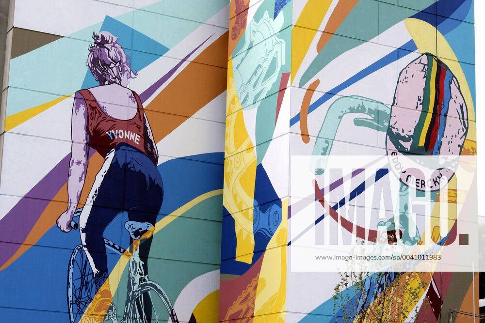The official opening of a wall fresco Tour de France 2019, tribute to Eddy Merckx and Yvonne Reynders from artist Amandine Levy, on the wall of the Insititut des Arts et metiers - ahead of the 106th edition of the Tour de France cycling race, in Brussels, Belgium, Wednesday 03 July 2019. This year s Tour de France starts in Brussels and takes place from July 6th to July 28th. BELGAPHOTO ERICxLALMAND x05618247x