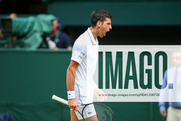 Novak Djokovic of Serbia reacts during the men s singles quarter-final match of the Wimbledon Lawn Tennis Championships against David Goffin of Belgium at the All England Lawn Tennis and Croquet Club in London, England on July 10, 2019. (107695929)
