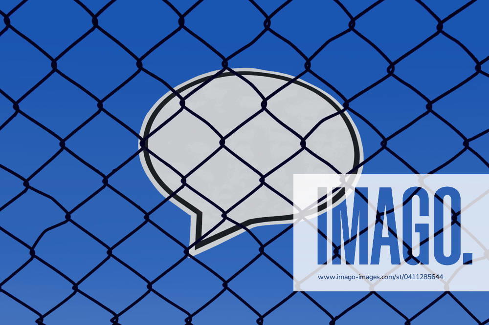 Speech bubble behind wire mesh Speech bubble behind wire mesh, 03 02 2024, Borkwalde, Brandenburg, A speech bubble is located behind wire mesh,