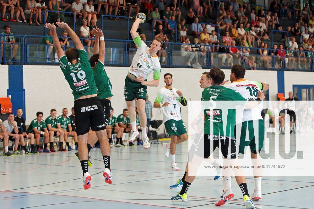 Handball HBL Bundesliga, HSG Wetzlar Training Camp 2019, Test match HSG Wetzlar Wcker Thun Switzerland v l Stefan Huwyler Wacker Thun , Nicolas Suter Wacker Thun , Lenny Rubin HSG Wetzlar , Phillip Holm Wacker Thun , Nicolas Raemy Wacker Thun , Nils Torbruegge HSG Wetzlar , act Thun