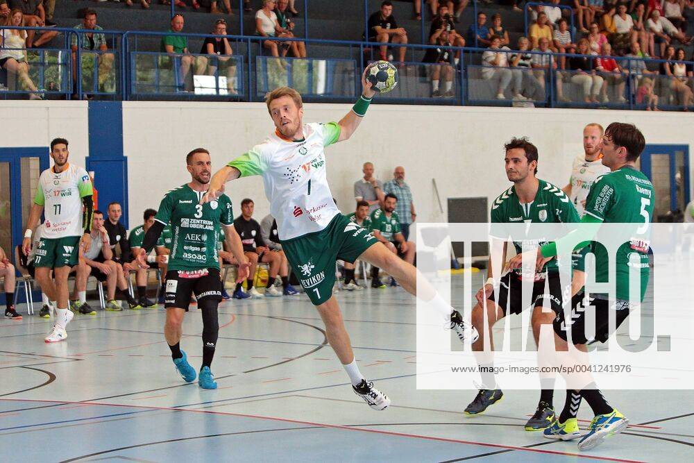 Handball HBL Bundesliga, HSG Wetzlar Training Camp 2019, Test match HSG Wetzlar Wcker Thun Switzerland v l Stefan Cavor HSG Wetzlar , Luca Linder Wacker Thun , Kristian Bjoernsen HSG Wetzlar , Nicolas Suter Wacker Thun , Stefan Kneer HSG Wetzlar , Nicolas Raemy Wacker Thun DFL DFL REGULATIONS PROHIBIT ANY USE OF PHOTOGRAPHS as IMAGE SEQUENCES and or QUASI VIDEO Thun