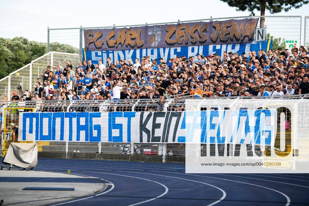 1 Matchday 3 League Season 2019 2020 at 22 7 2019 FC Carl Zeiss Jena vs. FC Ingolstadt 04 The South Curve Jena with a big banner against Monday games Ernst Abbe Sportfeld