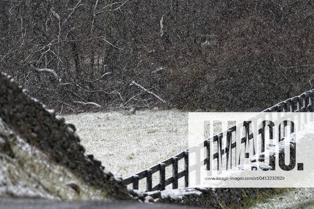 Snow Storm United States: 02-13-2024; A fast moving snow storm covered this pasture and stone wall near the village of Unison. (Photo by Douglas Graham) Unison Virginia USA
