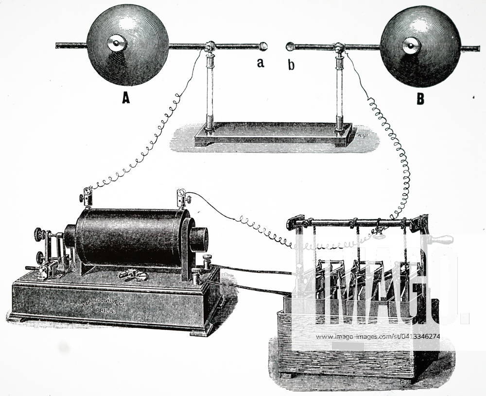 Illustration depicting Heinrich Hertz s experiment on electromagnetic waves: Hertz s oscillator. Terminals of an induction coil (bottom left) were connected to condenser A, B. Initial spark passing between metal balls at centre, A,B, formed a path for subsequent oscillations which were measured. Heinrich Hertz (1857-1894) a German physicist who conclusively proved the existence of the electromagnetic waves theorised by James Clerk Maxwell s electromagnetic theory of light. Dated 20th century,