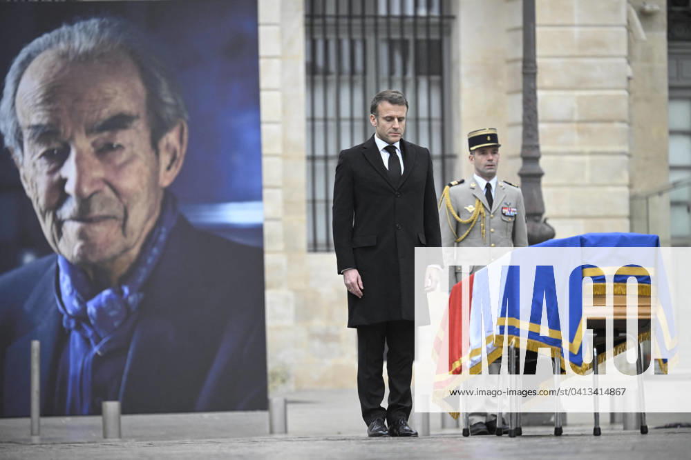 National Tribute To Robert Badinter - Paris President Emmanuel Macron stands in the front of the coffin national tribute to former Justice Minister Robert Badinter at Place Vendome in front of Ministry of Justice in Paris, France on February 14, 2024. Robert Badinter has died aged 95. Photo by Eliot Blondet ABACAPRESS.COM Paris France