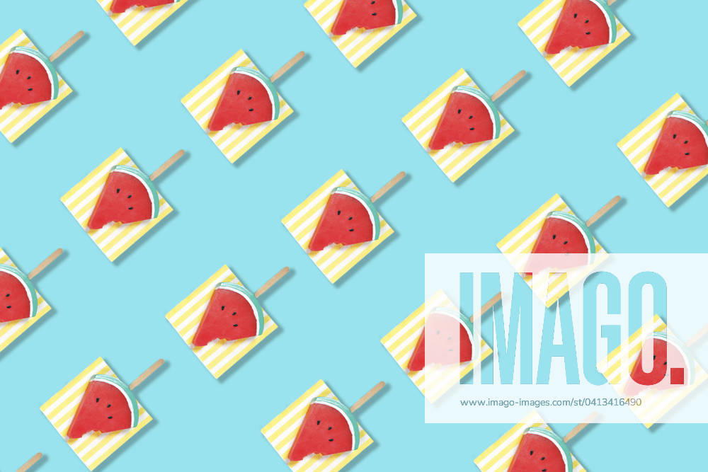 Modern retro color theme pattern of watermelon graphics against an aqua blue background. Modern retro color theme pattern of watermelon graphics against an aqua blue background.