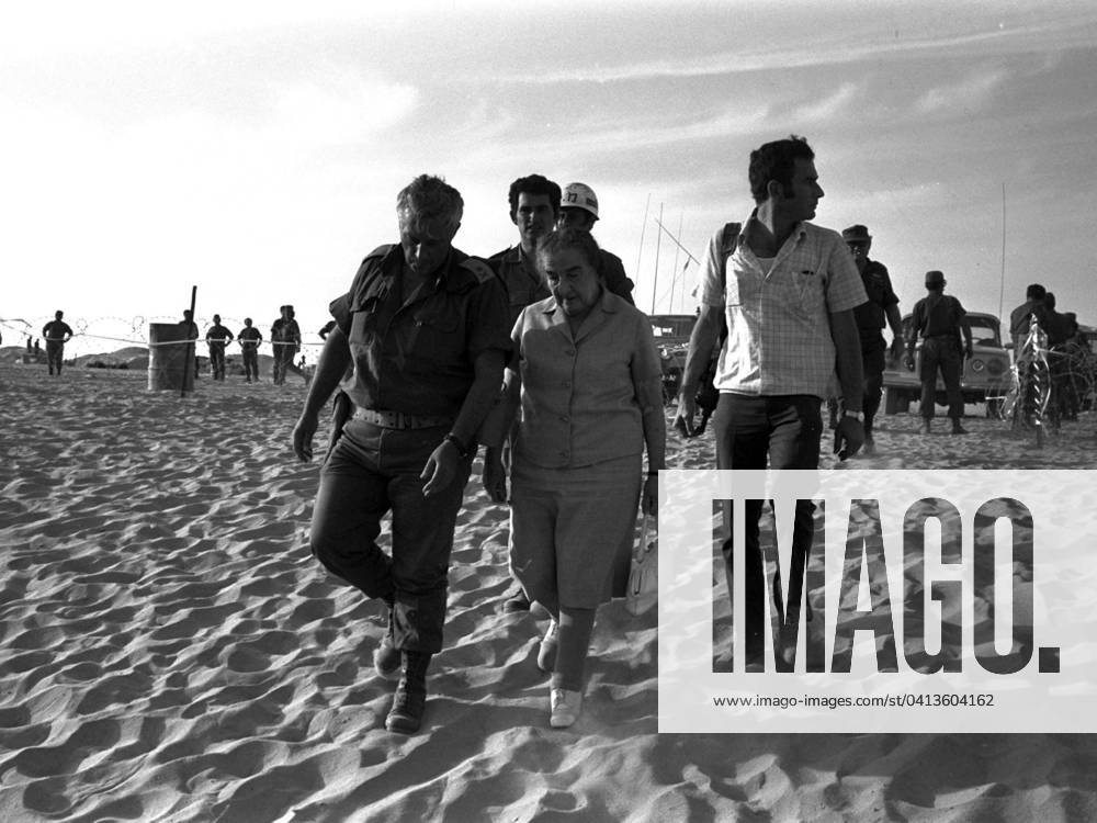 Visiting Israeli positions in the Sinai during the 1973 Arab-Israel War: Israeli Prime Minister Golda Meir with Ariel Sharon (1928 - 2014), Then a senior Israeli General. Sharon was later Prime Minister of Israel.,