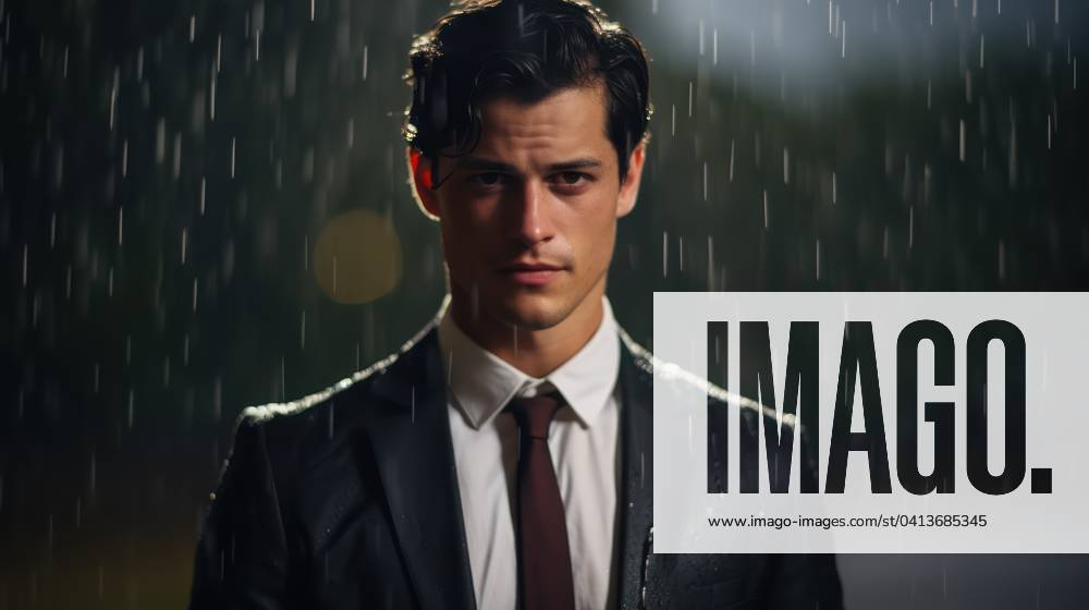 Portrait of a young businessman standing in the rain and looking at camera - Generative AI
