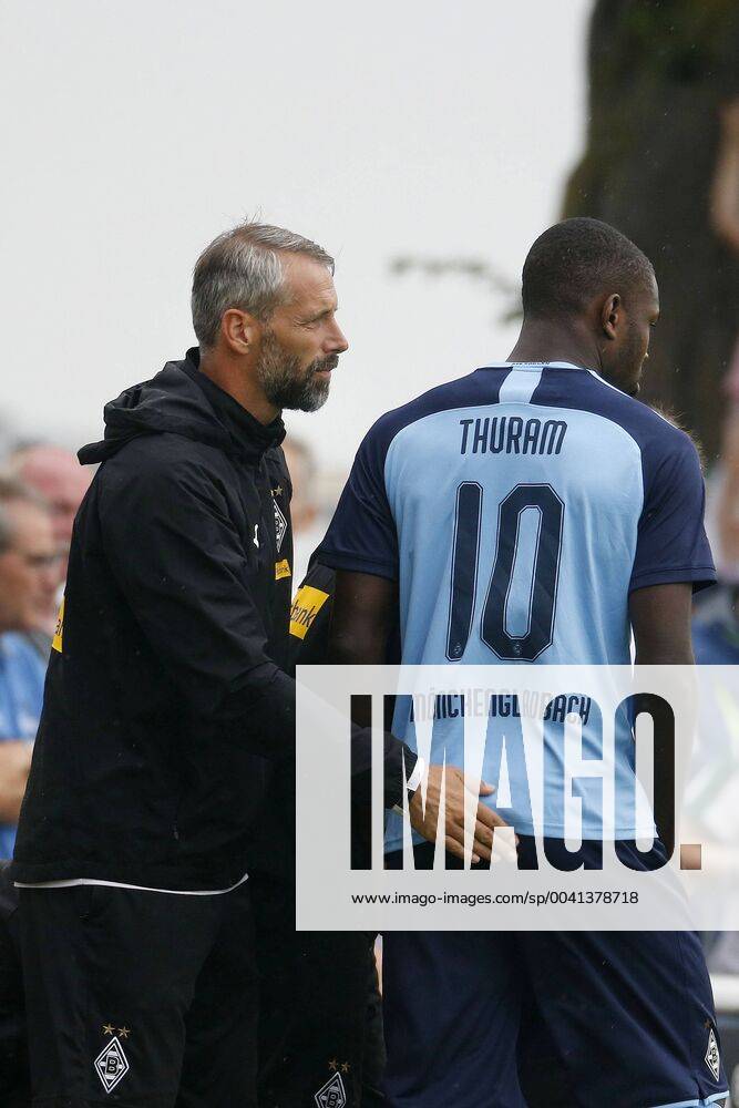 Straelen, Germany, Preparatory match, Borussia Mönchengladbach vs Angers SCO 2 1 on 27 7 2019 in the stadium at Römerstraße in Straelen Coach Marco ROSE MG li and Marcus THURAM MG re