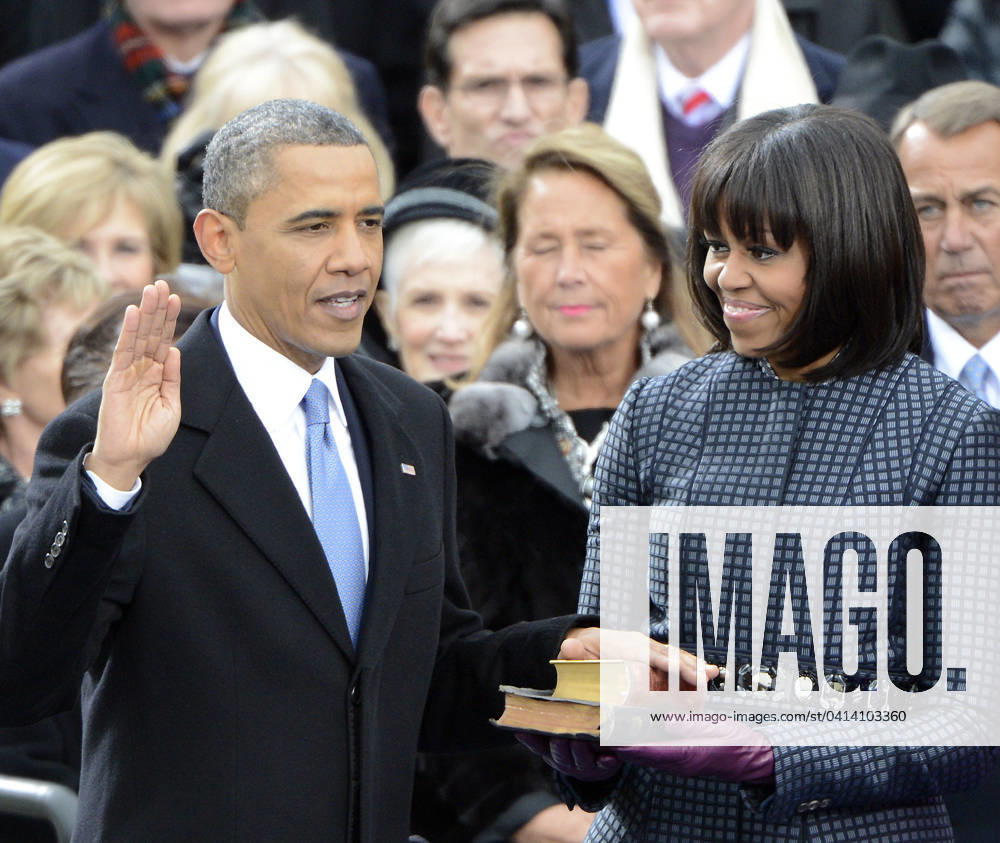 Obama Public Inauguration United States President Barack Obama takes the oath of office during the public swearing-in ceremony at the U.S. Capitol in Washington, D.C. on Monday, January 21, 2013..Credit: Ron Sachs CNP.(RESTRICTION: NO New York or New Jersey Newspapers or newspapers within a 75 mile radius of New York City) Washington District of Columbia United States of America