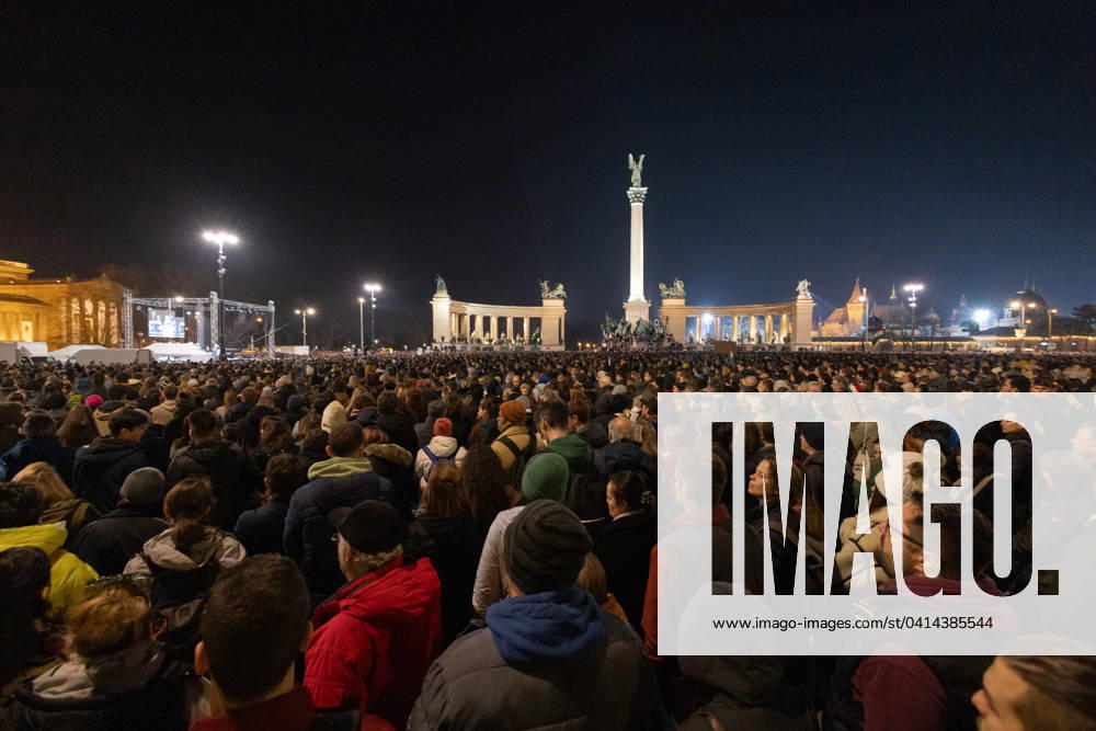 (240217) -- BUDAPEST, Feb. 17, 2024 -- People gather at the Heroes Square during a demonstration in Budapest, Hungary, Feb. 16, 2024. Tens of thousands of Hungarians gathered in Budapest s Heroes Square on Friday to demand justice for child abuse victims and stricter child protection laws from the government in connection with a child abuse pardon scandal which had triggered the resignation of several high-profile figures in recent days. (Photo by Xinhua) HUNGARY-BUDAPEST-DEMONSTRATION-CHILD ABUSE AttilaxVolgyi