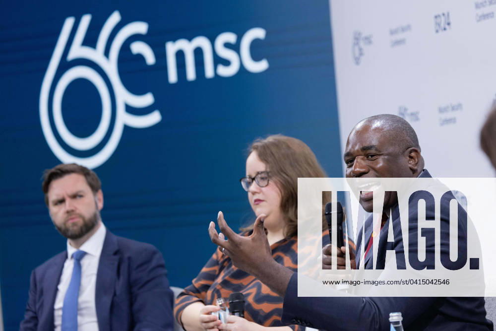 United Kingdom Shadow Foreign Secretary David Lammy, right, comments at a panel discussion on Ã¢â‚¬oeFiguring Out Relationship Goals: The EU and Its PartnersÃ¢â‚¬Â, during the 60th Munich Security Conference at the Hotel Bayerischer Hof, February 18, 2024 in Munich, Germany. Sitting from left: U.S Senator J.D Vance, Ricarda Lang and David Lamb. Munich Germany - ZUMAp138 20240218_zaa_p138_007