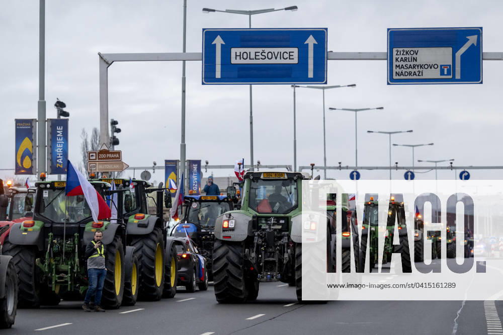 Czech farmers block Prague arterial road by tractors in protest against situation in Czech agriculture, in Prague, Czech Republic, on February 19, 2024. Protesters demand that Czech government withdraw from the Green Deal for Europe. (CTKxPhoto OndrejxDeml) CTKPhotoP2024021901615 CTKPhotoP2024021901615
