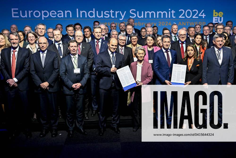 INEOS Group chairman Sir Jim Ratcliffe, Enrico Letta, President Jacques Delors Institute , ArcelorMittal CEO Europe Geert Van Poelvoorde, Martin Brudermüller, CEO BASF, European Commission president Ursula Von der Leyen, Prime Minister Alexander De Croo, Ilham Kadri, CEO and President of the Executive Committee of Solvay and Flemish Minister President Jan Jambon pictured during the European Industry Summit A Business Case for Europe , at the BASF plant in Antwerp, organised under the Belgian presidency of the European Union, Tuesday 20 February 2024. DIRKxWAEM 86008750