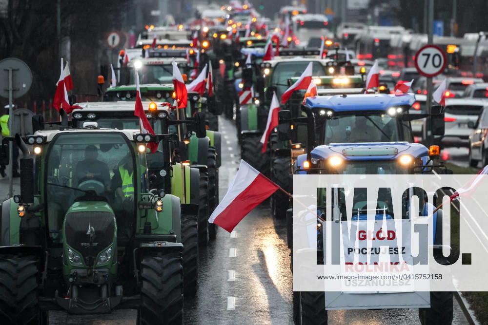 Nation-wide Strike Of Polish Farmers Farmers from the Lesser Poland region enter Krakow, the capital of the region in southern Poland in tractors, with Polish national flags during the nationwide farmers strike on 20th of February, 2024. The protest in Poland is part of the European farmers protest against the EU Green Deal regulations. Polish farmers also demand a change to the EU agreement with Ukraine regarding the import of agricultural produce to the EU. The protest in Poland took place in over 200 locations and gathered 30 thousand tractors blocking roads in the country. Krakow malopolskie Poland